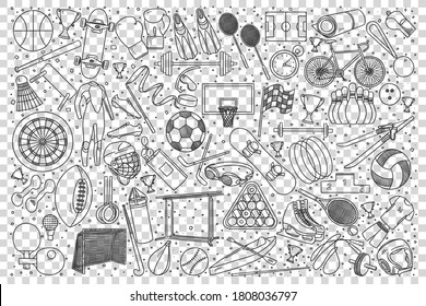 Sport doodle set. Colection of hand drawn sketches templates patterns of football tennis basketball games prizes trophy on transparent background. Active recreation and healthy lifestyle illustration.