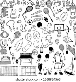 Juego de doodles deportivos. Dibujo gráfico vectorial dibujado a mano