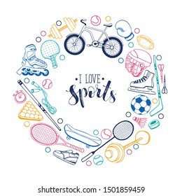 Sport doodle vector poster background. Hand drawn fitness icons banner isolated on white. Sport equipment cartoon flayer design.