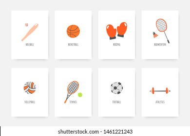 Sport doodles including baseball, football, volleyball, tennis, badminton, athletics, basketball, boxing gloves. Cards, postcards, tags, covers, background with sport equipment