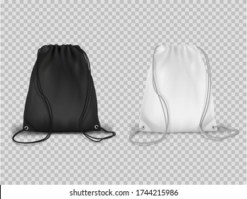 Sport drawstring backpacks realistic set. Cinch tote bags black and white. Knapsacks, schoolbags, rucksacks with ropes. vector isolated on transparent.