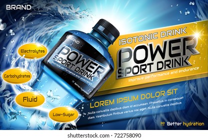 Sport drink ads, closeup look at plastic bottle and splatter waters in 3d illustration