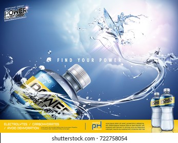 Sport drink ads, energetic athlete surfing in the air with splashing waves in 3d illustration