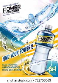 Sport drink ads, energetic athlete swimming butterfly stroke with splatters and plastic bottle in 3d illustration