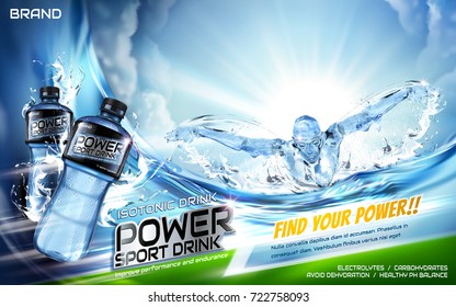 Sport drink ads, energetic athlete swimming butterfly stroke with splatters and plastic bottle in 3d illustration