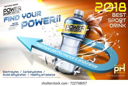 Sport drink ads, plastic bottle with splashing liquids and 3d arrow with 3d illustration