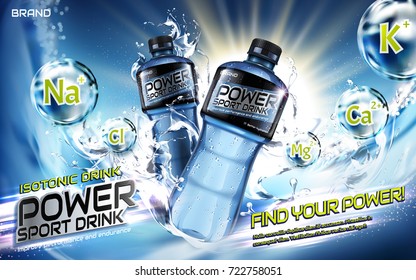 Sport drink ads, splashing liquids with chemical elements in 3d illustration, blue background