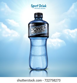 Sport Drink Package Design, Blue Bottle Isolated On Blue Sky Background In 3d Illustration