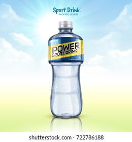 Sport Drink Package Design, Plastic Bottle Isolated On Sky Background In 3d Illustration