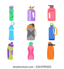 caricatura sobre el juego de botellas de bebida deportivas. beber agua, recipiente de fitness, plástico para la salud, signo de botella de bebida en blanco para deportes sanos. ilustración vectorial de símbolo aislado
