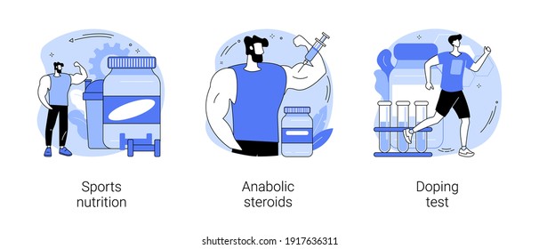 Sport Drugs Abstract Concept Vector Illustration Set. Sports Nutrition, Anabolic Steroids, Doping Test, Protein Cocktail, Muscle Mass, Athletic Performance, Laboratory Analysis Abstract Metaphor.