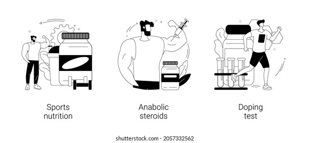 Sport Drugs Abstract Concept Vector Illustration Set. Sports Nutrition, Anabolic Steroids, Doping Test, Protein Cocktail, Muscle Mass, Athletic Performance, Laboratory Analysis Abstract Metaphor.