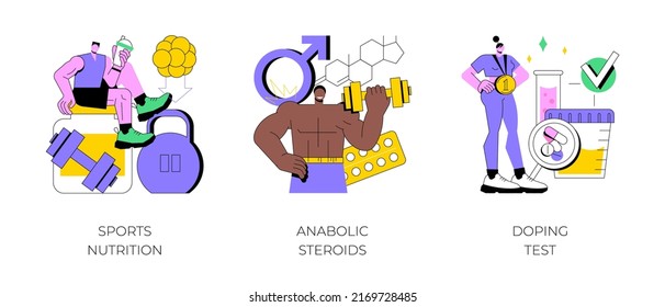 Sport Drugs Abstract Concept Vector Illustration Set. Sports Nutrition, Anabolic Steroids, Doping Test, Protein Cocktail, Muscle Mass, Athletic Performance, Laboratory Analysis Abstract Metaphor.