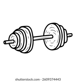 Sport dumbbell. Hand drawn doodle. Barbell, grip and discs. Muscle building. Healthy lifestyle. Gym workout. Fitness equipment. Heavy object. Vector line art illustration.