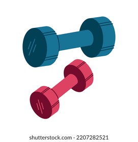 Sport dumbbells icon. Mens and womens equipment for strengthening muscles and gaining muscle mass. Fitness and active lifestyle. Graphic element, poster or banner. Cartoon flat vector illustration