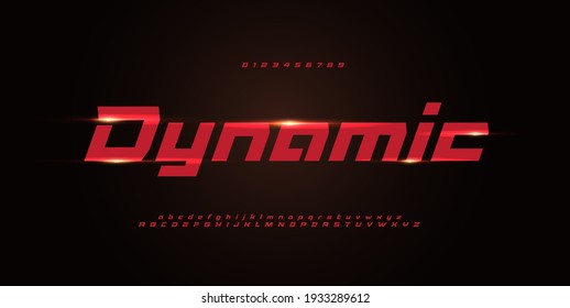 Sport dynamic alphabet. Red italic geometric font, minimalist techno style letters and numbers for modern futuristic logo, headline, monogram, lettering and typography. Vector typographic design