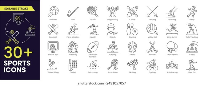 Sport Editable Stroke icons. Icons of active lifestyle, hobbies, sports equipment, and clothing. Set of Sport signs and symbols.