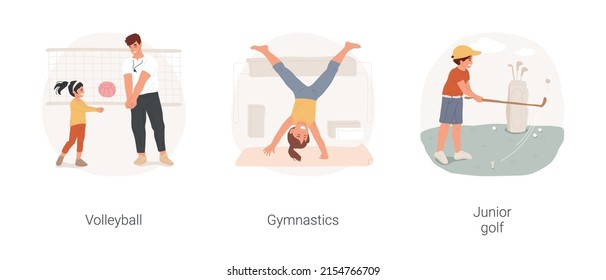 Sport electives for children isolated cartoon vector illustration set. Volleyball class, gymnastics for kids, junior golf club, child sport hobby, elementary school electives vector cartoon.