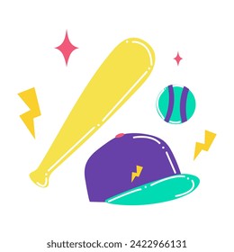 Sport element sticker of colorful set. This baseball-themed illustration showcase a lively cartoon design against a calming white backdrop. Vector illustration.