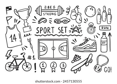 Sport elements doodle. Funny hand drawn Cute cartoon black and white collection. Vector illustration