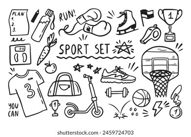 Sport elements doodle. Funny hand drawn Cute cartoon black and white collection. Vector illustration