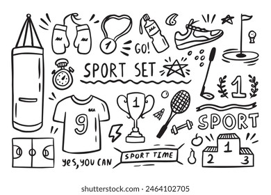 Sport elements doodle. Funny hand drawn Cute cartoon black and white collection. Vector illustration