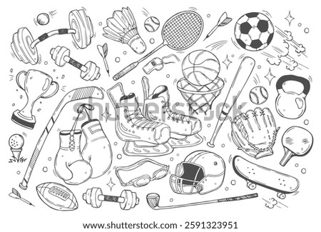 Sport elements doodle sketch set. Hand drawn cartoon illustrations of tennis, basketball, box, baseball, hockey, golf, American football, soccer, skateboard. Vector collection