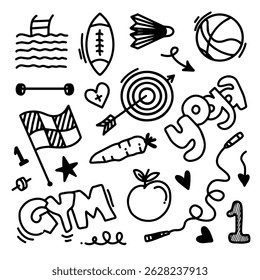 Sport elements doodles. Collection of cute black and white cartoon hand drawn in different styles. Vector illustrations for healthy and active life design concepts.