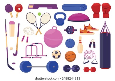 Sport elements. Fitness workout equipment. Soccer ball. Tennis rackets. Golf or hockey clubs. Weightlifting dumbbells. Healthy lifestyle. Athlete gym training accessories