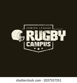 Sport emblem campus rugby team with retro texture. Graphic design for t-shirt. White print on black background. Vector illustration
