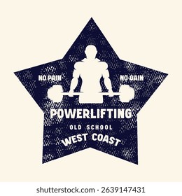 Sport emblem for gym. Graphic design with rough texture for t-shirt. Black print on white background