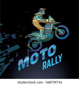 Sport emblem on the topic Moto rally. Glitch style