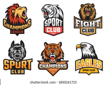 Sport emblem pack. Wild animals stylized picture for logo or team badges shields with mascots animals wolf bear vector