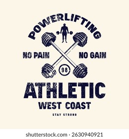 Sport emblem with powerlifter silhouette. Graphic design with rough texture for t-shirt. Black print on white background