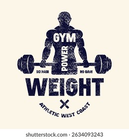 Sport emblem with powerlifter silhouette. Graphic design with rough texture for t-shirt. Black print on white background