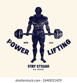 Sport emblem for powerlifting. Graphic design with rough texture for t-shirt. Black print on white background