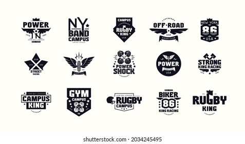 Sport emblems and badges of gym, racing, rugby, biker. Graphic design for t-shirt. Black print on white background. Vector illustration