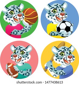 Sport emblems for basketball, soccer, American football and baseball with a wild snow leopard in the t-shirt as a sportsman