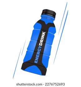 Sport energy drink bottle in blue and black color packaging, realistic vector illustration in trendy flat 3d design style. Popular world sport drink. Editable graphic resources for many purposes.