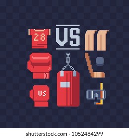 Sport equipment and accessories pixel art icons set, Red boxing glove and punching bag, diving mask, hockey stick and washer isolated vector illustration. Design logo, sticker, app. Game assets 8-bit.