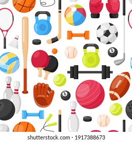 Sport equipment background. Seamless pattern with balls and gaming items. Balls for football, basketball, volleyball, rugby, soccer, tennis, golf. Athletic, fitness equipment in round composition