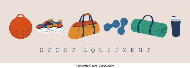 Sport equipment. Sport bag, dumbbell, footwear, fit ball, shaker, yoga mat. Healthy lifestyle. Hand drawn vector illustration isolated on white background. Flat cartoon style.