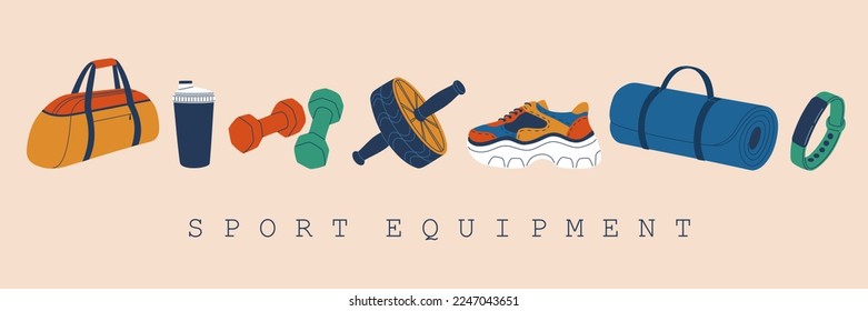 Equipamiento deportivo. Bolsa deportiva, rueda de rodillos, rastreador de fitness, zapatillas de deporte, campanillas, alfombra de yoga, agitador. Estilo de vida saludable. Ilustración vectorial dibujada a mano aislada en fondo blanco. Estilo de caricatura plano.