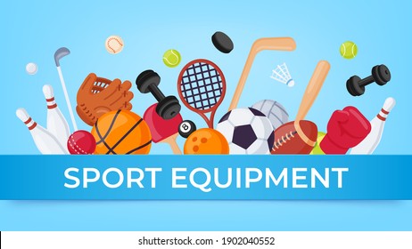 Sport equipment banner. Ball games and fitness items for rugby, badminton, soccer and basketball. Cartoon sports sale vector poster. Sport game shop banner, soccer ball and basketball illustration - Shutterstock ID 1902040552