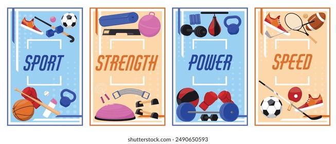 Sport equipment cards. Fitness and gym accessories. Healthy lifestyle. Training elements. Boxing gloves. Baseball and basketball games. Gymnastics workout. Vector