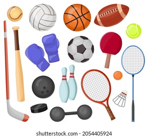 Sport equipment cartoon vector set. Balls and items for hockey, rugby, baseball and tennis racket. Bowling, boxing and golf vector collection. Illustration of recreation ball for soccer and tennis