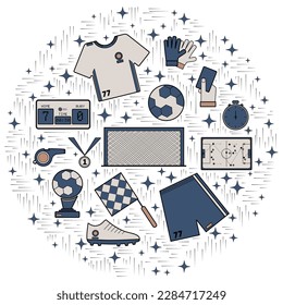 Equipos deportivos en forma de círculo, ilustración vectorial plana. Composición de iconos de temas de fútbol. 