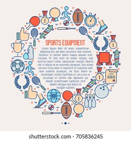 Sport equipment concept in circle with thin line sport and winning games icons. Vector illustration for banner, web page, print media.