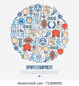 Sport equipment concept in circle with thin line sport and winning games icons. Vector illustration for banner, web page, print media.