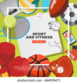 Sport equipment concept with competitive games accessories. Football, basketball, boxing, tennis, baseball, rugby, voleyball vector illustration. Creative sport and fitness frame.